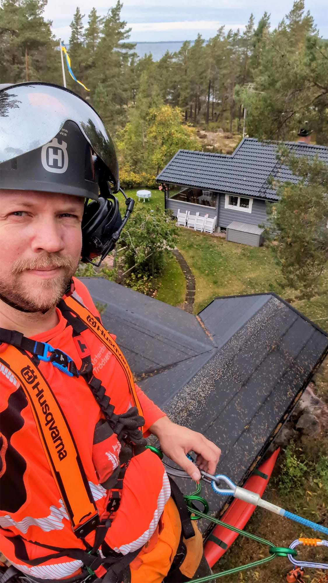 Niklas Bos i klätterutrustning högt upp i ett träd ovanför ett hus